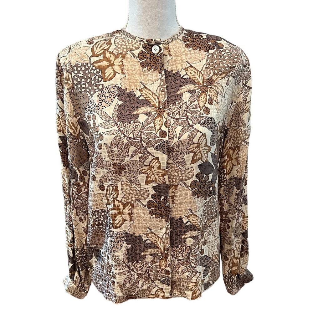 Vintage Liz Claiborne Silk Button Down Shirt Brown Botanical Leaf Print 4